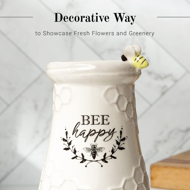 Young's Inc. Ceramic Flower Vase (Bee Happy) - White Ceramic Vase - Honeycomb Decor - 3" L x 3" W x 8" H Contains one Flower vase - Image 4